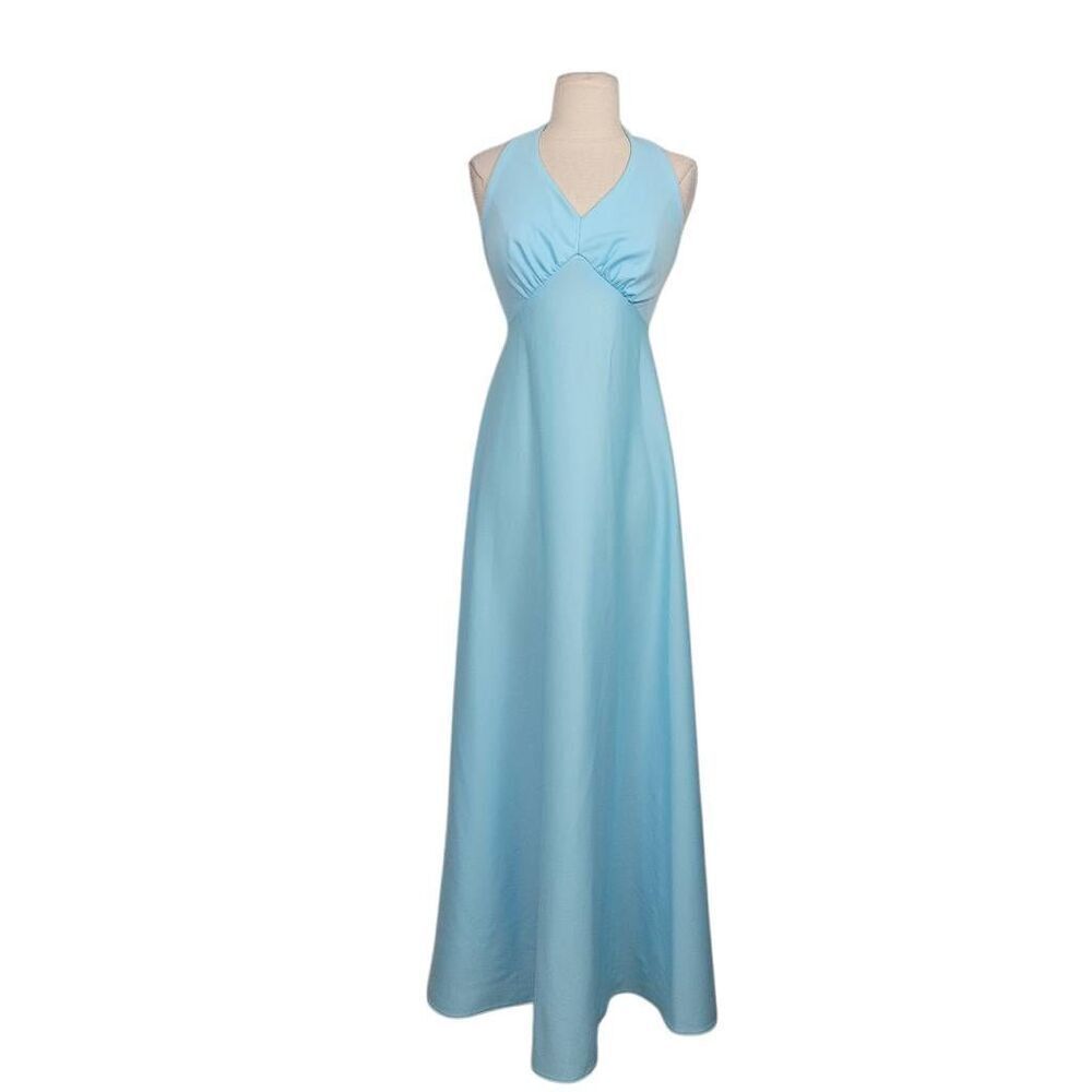 Vtg 1970s Pastel Baby Blue Maxi Gown Dress Sz XXS Halter Neck Open Back‎ Wedding